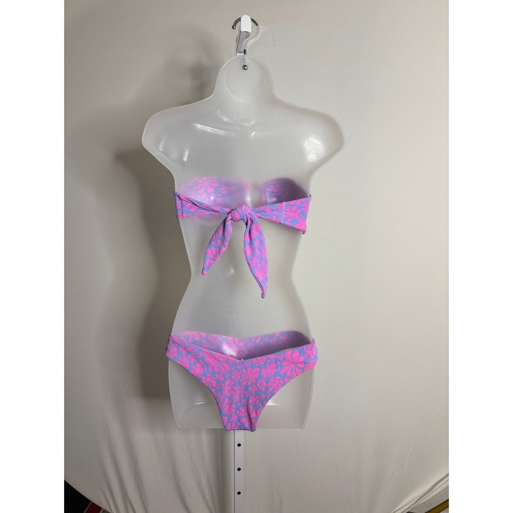 Kulani Kinis | Pink Blue Floral Textured Bandeau Bikini Set Ring Detail | Small - Picture 4 of 5